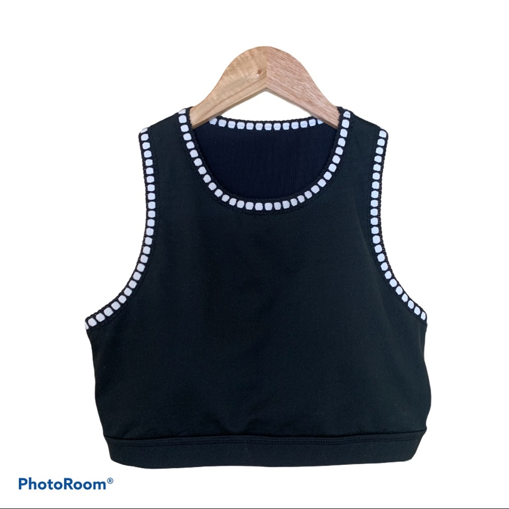 Black with White Beaded Trim High Neck Sports Bra